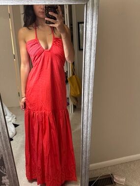 Jason Wu Coral-Red Halter Maxi Dress with Gathered Bodice